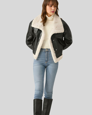 Women's Aviator Classic Sherpa-Lined Shearling Black Flight Leather Jacket – view 3
