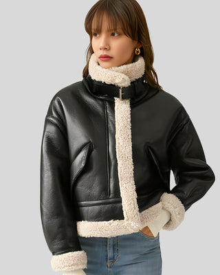 Women's Aviator Classic Sherpa-Lined Shearling Black Flight Leather Jacket – view 4