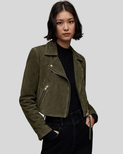 Olive green suede biker jacket, front view