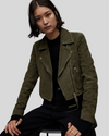 Olive green suede biker jacket, seated pose