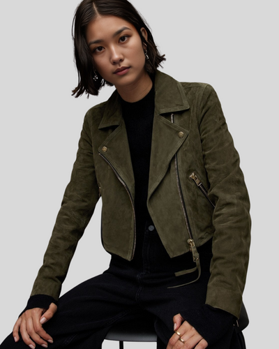 Olive green suede biker jacket, seated pose