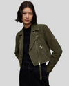 Olive green suede biker jacket, angled front view
