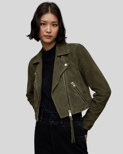 Olive green suede biker jacket, angled front view