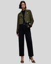 Full outfit with olive green suede biker jacket