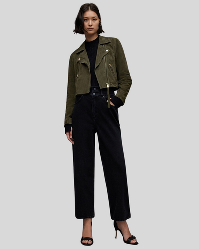 Full outfit with olive green suede biker jacket