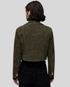Olive green suede biker jacket, back view