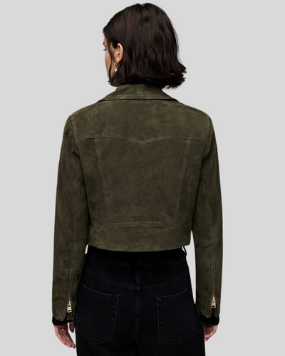 Olive green suede biker jacket, back view