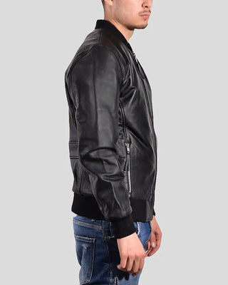 Men's Bran Black Bomber Leather Jacket – view 3