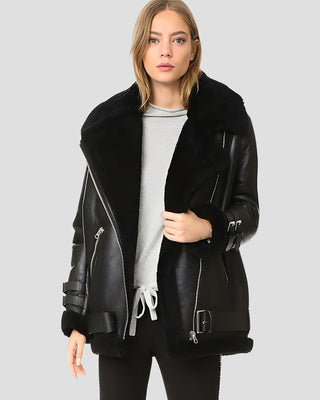 Women's Catalina Black Biker Shearling Leather Jacket