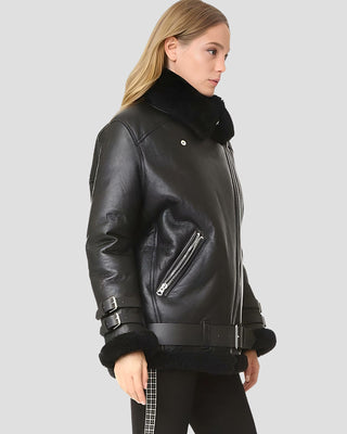 Women's Catalina Black Biker Shearling Leather Jacket – view 3