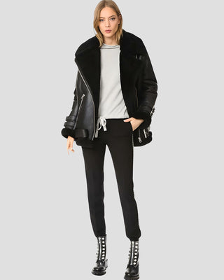 Women's Catalina Black Biker Shearling Leather Jacket – view 4