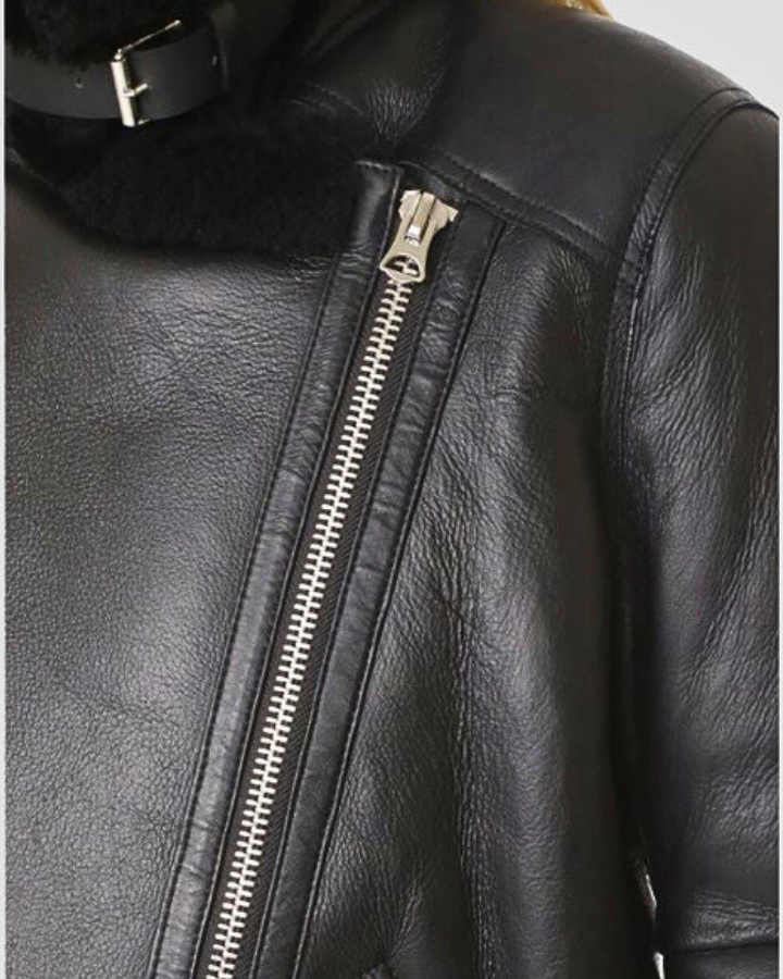Close-up of Catalina Black Biker Shearling Leather Jacket zipper