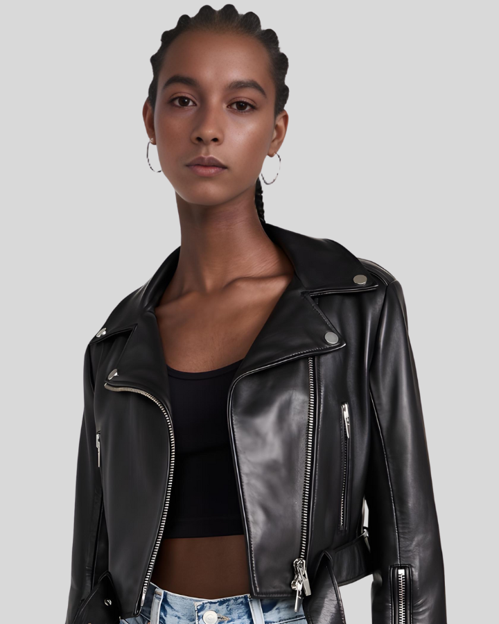 Women s Stylish Cropped Black Leather Moto Jacket NYC Leather Jackets