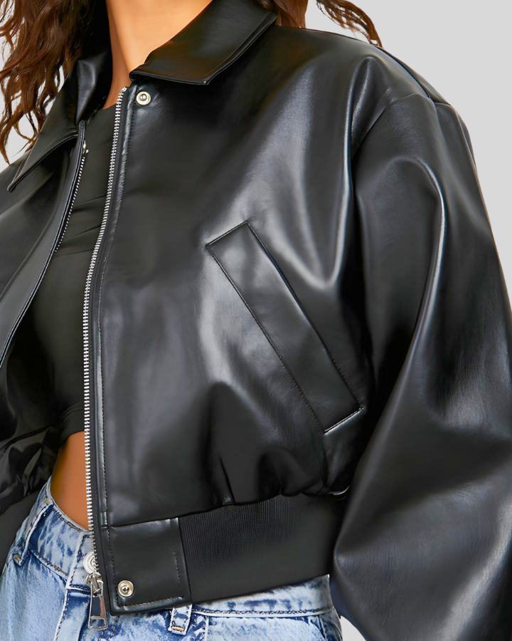 City Sleek Oversized Cropped Black Leather Bomber Jacket 2