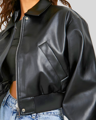 City Sleek Oversized Cropped Black Leather Bomber Jacket 2