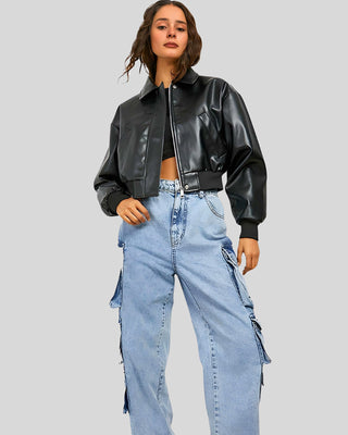 Women's City Sleek Oversized Cropped Black Leather Bomber Jacket – view 3
