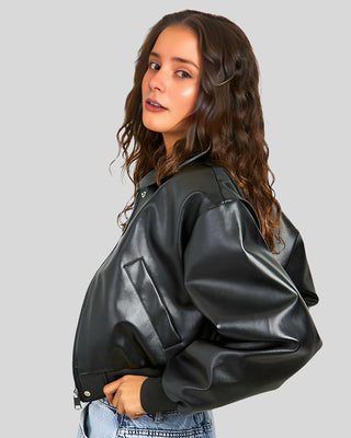 Women's City Sleek Oversized Cropped Black Leather Bomber Jacket – view 4
