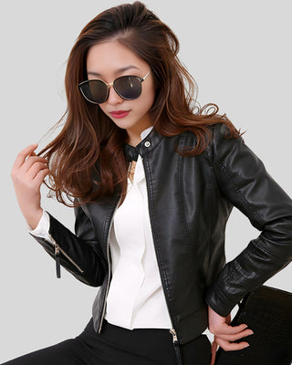 Women's City Sleek Women's Fitted Black Leather Jacket with Textured Sleeves