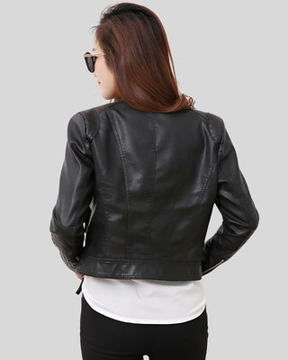 Women's City Sleek Women's Fitted Black Leather Jacket with Textured Sleeves – view 2
