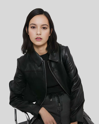 Women's Elegant Noir Black Leather Bomber Jacket