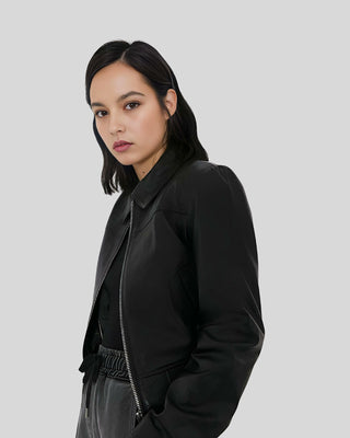 Women's Elegant Noir Black Leather Bomber Jacket – view 2