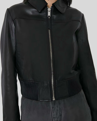 Women's Elegant Noir Black Leather Bomber Jacket – view 3