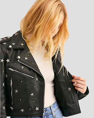 Women's Eva Black Studded Leather Jacket – view 3