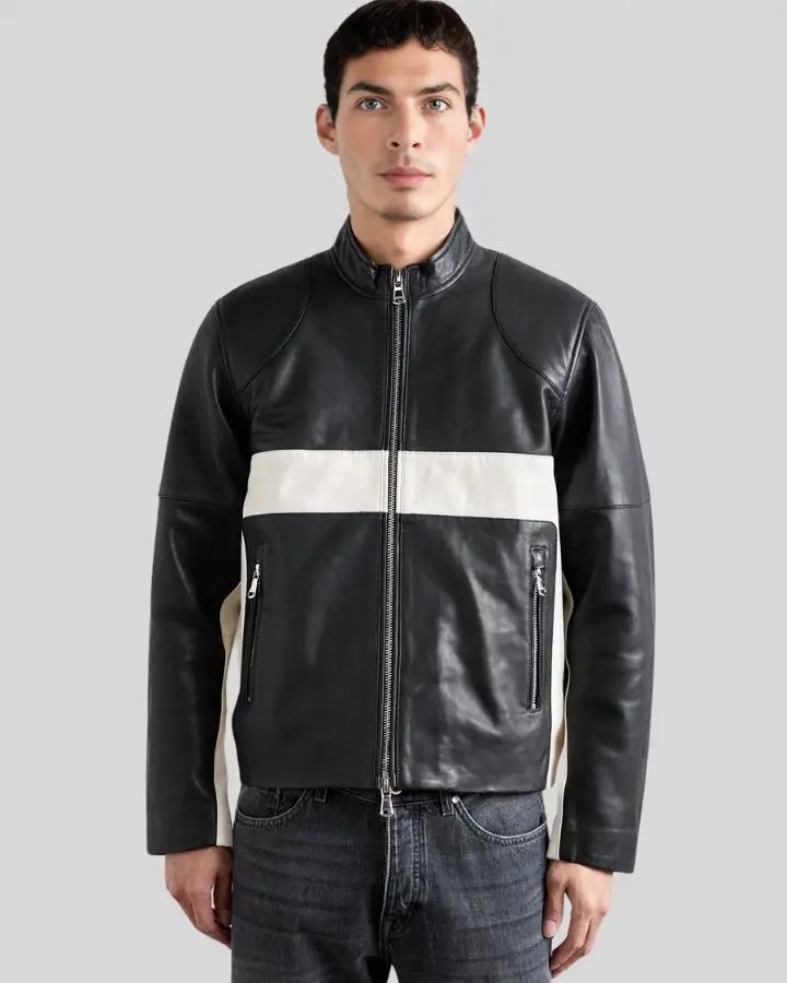 Mens Luca Black & White Contrast Leather Racer Jacket - Bold Mens Luca Black & White Contrast Leather Racer Jacket - Bold