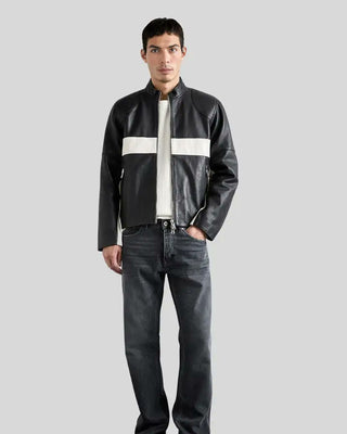 Men's Luca Black & White Contrast Leather Racer Jacket – view 3