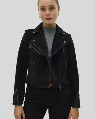 Women's Juniper Black Suede Biker Leather Racer Jacket