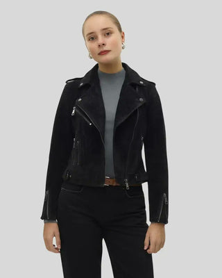 Women's Juniper Black Suede Biker Leather Racer Jacket – view 2