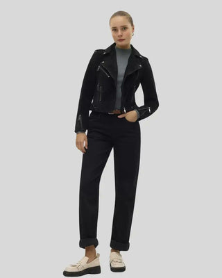 Women's Juniper Black Suede Biker Leather Racer Jacket – view 3