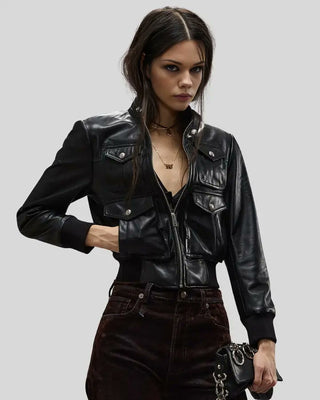 Women's Emma Black Leather Bomber Jacket with Four-Pocket Design