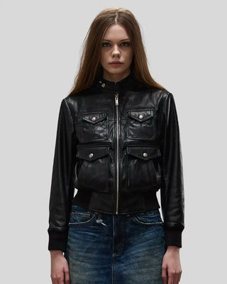 Women's Emma Black Leather Bomber Jacket with Four-Pocket Design – view 3