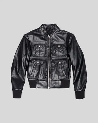 Women's Emma Black Leather Bomber Jacket with Four-Pocket Design – view 4