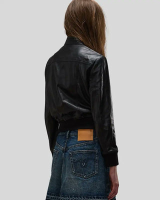 Women's Emma Black Leather Bomber Jacket with Four-Pocket Design – view 5