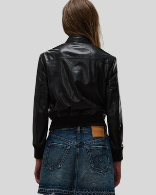 Women's Emma Black Leather Bomber Jacket with Four-Pocket Design – view 6