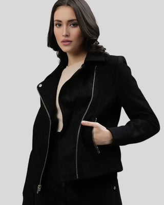 Women's Velvet Noir Black Suede Motorcycle Leather Jacket – view 3