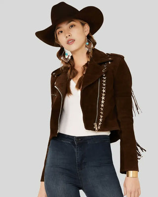 Women's Maria Brown Fringe Suede Studded Leather Jacket