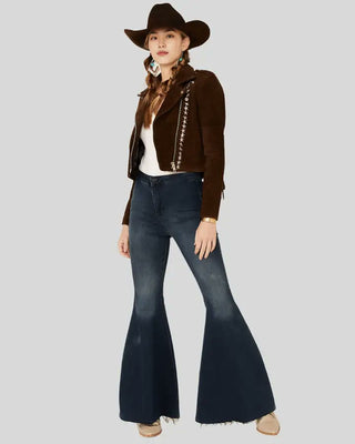 Women's Maria Brown Fringe Suede Studded Leather Jacket – view 3