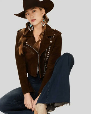 Women's Maria Brown Fringe Suede Studded Leather Jacket – view 2