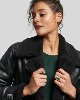 Women's Hanna Black Biker Shearling Leather Jacket – view 2