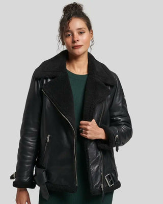 Women's Hanna Black Biker Shearling Leather Jacket