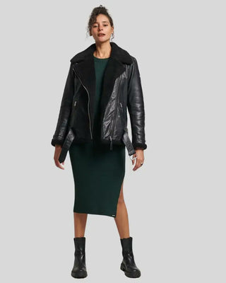 Women's Hanna Black Biker Shearling Leather Jacket – view 3