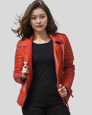 Women's Aurora Red Biker Leather Jacket – view 5