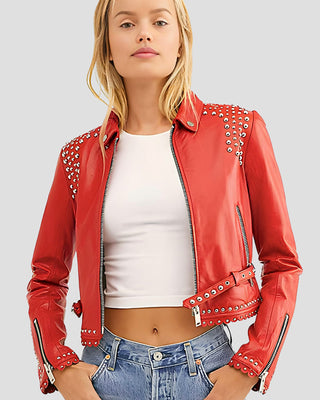 Women's Fiadh Red Studded Leather Jacket