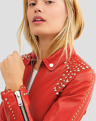 Women's Fiadh Red Studded Leather Jacket – view 3