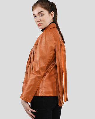 Women's Fleur Tan Biker Fringes Leather Jacket – view 3