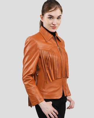 Women's Fleur Tan Biker Fringes Leather Jacket – view 4