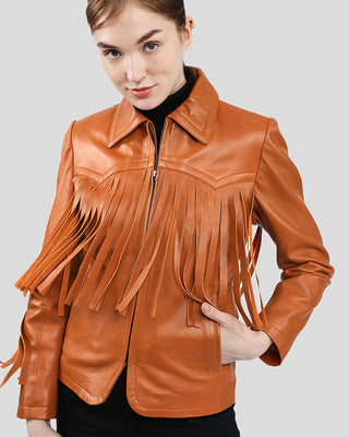 Women's Fleur Tan Biker Fringes Leather Jacket